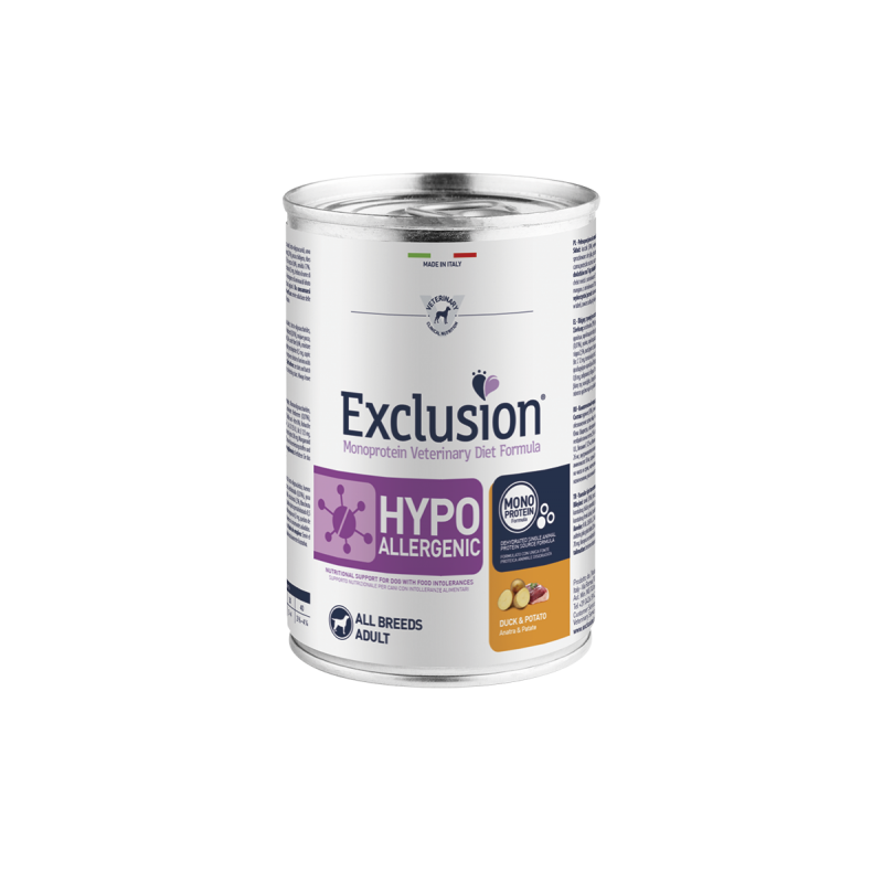 EXCLUSION DOG HYPO ANATRA E PATATE LATTINA 400 GR