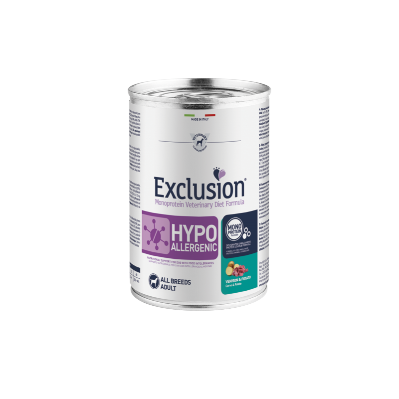 EXCLUSION DOG HYPO CERVO E PATATE LATTINA 400 GR