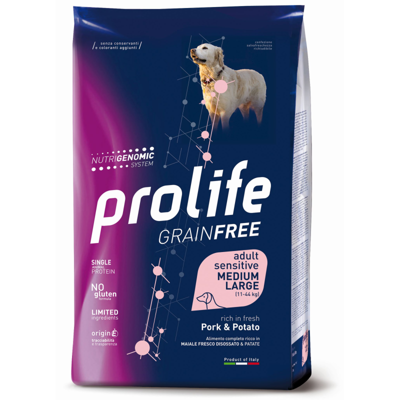 PROLIFE DOG GRAIN FREE ADULT MEDIUM LARGE MAIALE E PATATE 10 KG