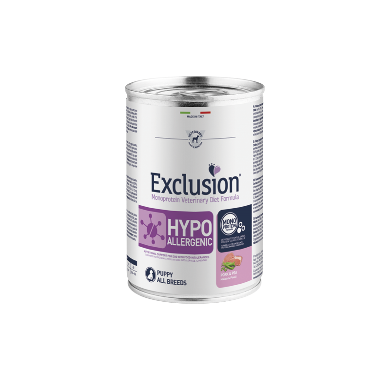 EXCLUSION DOG HYPO PUPPY MAIALE E PISELLI LATTINA 400 GR