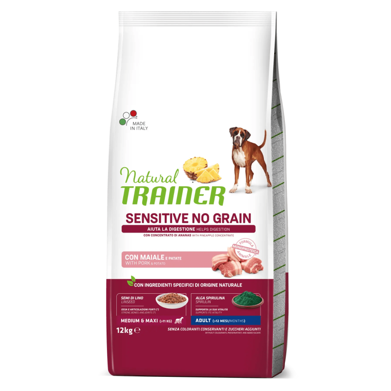 TRAINER NATURAL DOG SENSITIVE ADULT MEDIUM MAXI NO GRAIN MAIALE E PATATE 3 KG