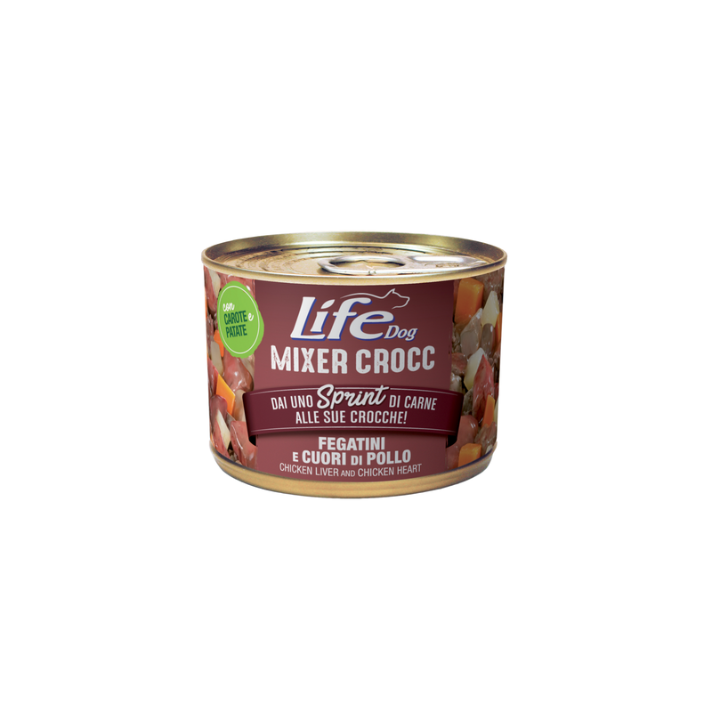 LIFE DOG MIXER CROCC FEGATINI E CUORI DI POLLO LATTINA 150 GR