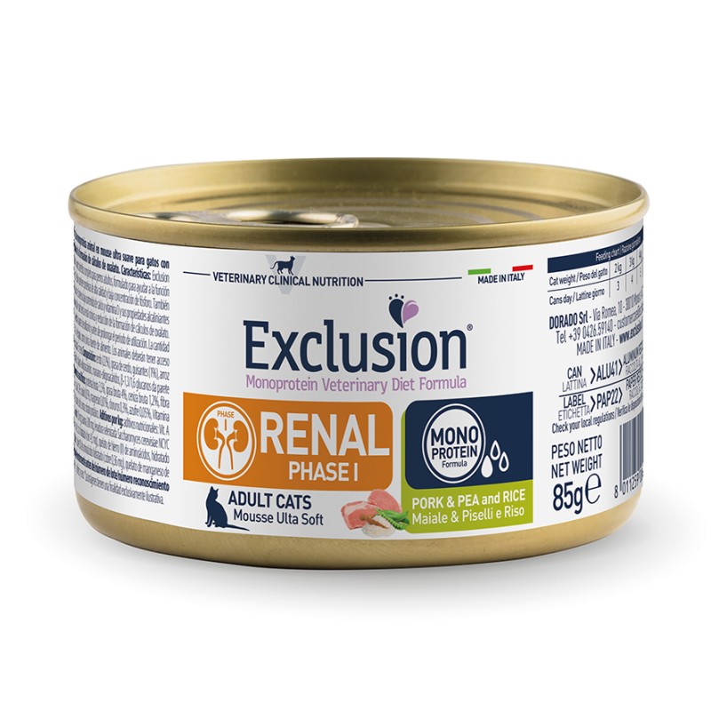 EXCLUSION CAT RENAL FASE 1 MAIALE PISELLI E RISO 85 GR